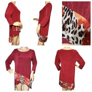 Chico's Travelers Slinky Stretchy Asymmetrical Red Tunic Leopard Floral Small